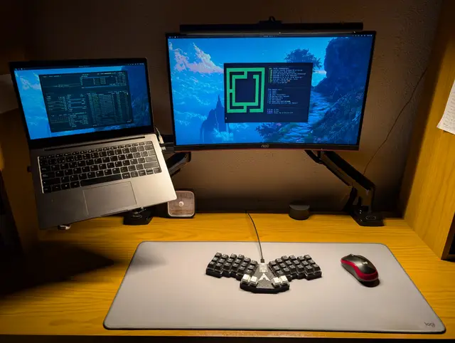 7 year old laptop, custom keyboard and 10€ mouse. Perfection.